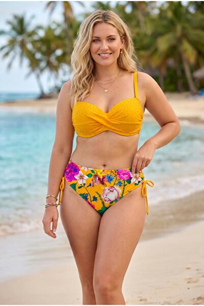 hazelin Women's Yellow Stone Embroidered Floral Pattern Large Size Bikini Set...