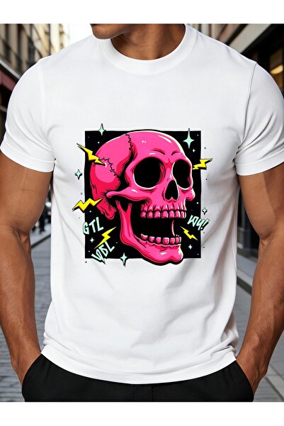 NOURAM Pop Art Style Men'S T-Shirt Pink Skull with Lightning And Stars Design...