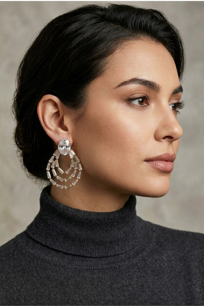 PETEK AKSESUAR Evening Dress Zircon Baguette Stone Drop Earrings 4 Cm.