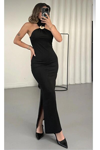 vipelmoda Women's Long Dress with Buckle Detail and Slit