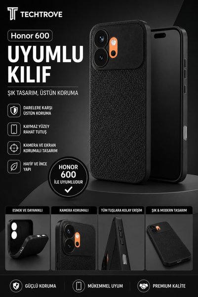TechTrove Honor 600 Uyumlu Kılıf Deri Tasarımlı Kamera Korumalı Darbe Emici K...