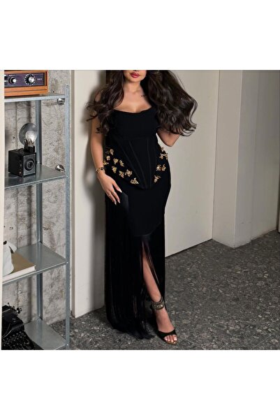 REVE Elegant Black Dress, Featuring a Corset-Style Design with Gold Floral Em...