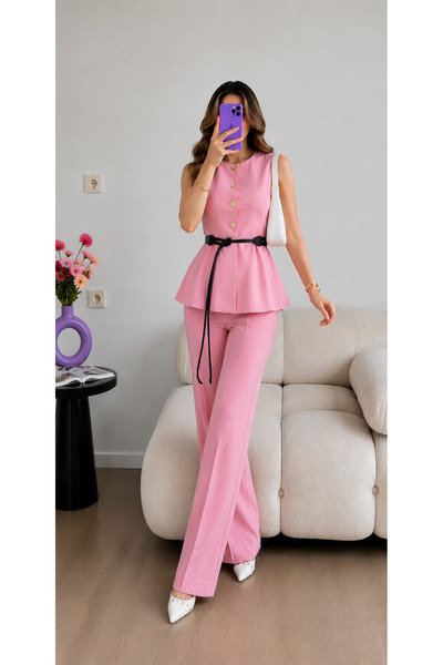 Ekim Store Set vestă cu nasturi și curea, pantaloni și blazer