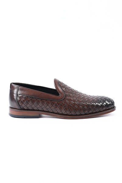 Tuna Genuine Leather Brown Knitted Loafer Men's Shoes, Leather - K4499