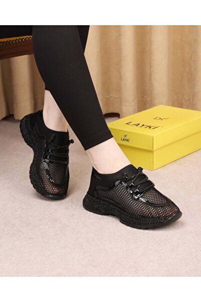 layki Polia Black Mesh Breathable Women's Walking Shoes with Stone Detail