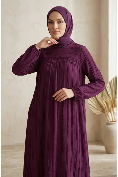 sefamerve Ruffle Detailed Elastic Sleeves Hijab Dress 0560-01 Plum
