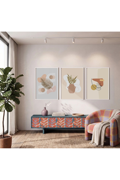 KOLAJTASARIM Set de 3 tablouri cu rame albe cu forme abstracte naturale, tabl...