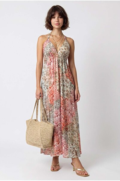 Mixray 2129 Women's Shawl Patterned Backless Bohemian Dress Tile