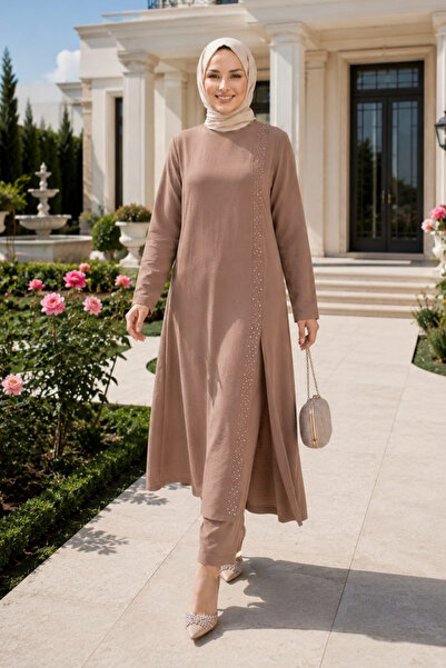 Hb Harma Time Butik Kadın İnci İşlemeli Bej Tunik-Pantolon İkili Takım