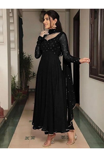MYSMAR Black Georgette Beadwork Anarkali Dress - FFT8582 | Black