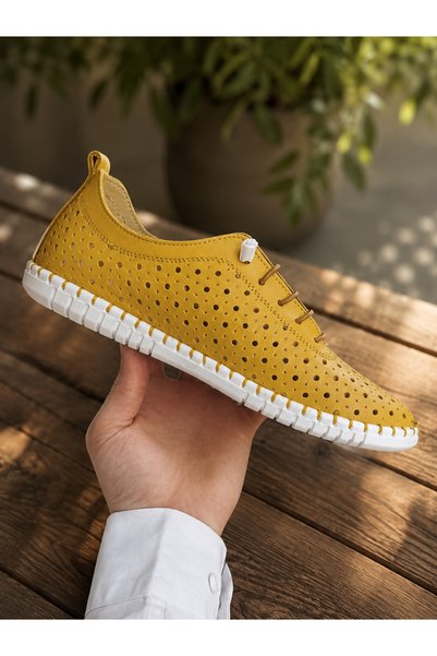 MELİS'E Akiki Leather Perforated Orthopedic Women's Shoes Yellow Summer Comfort Size 36-44