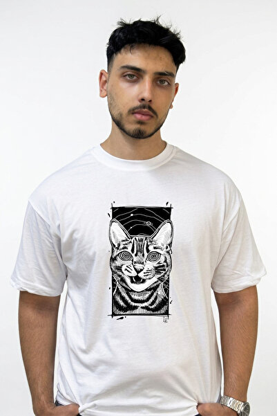 Anetos Psychedelic Cat Design Printed Oversize White T-Shirt