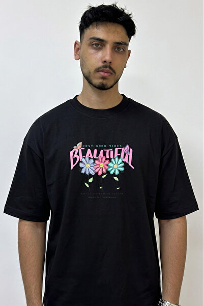 Anetos Butterfly Flower Design Printed Oversize Black T-Shirt