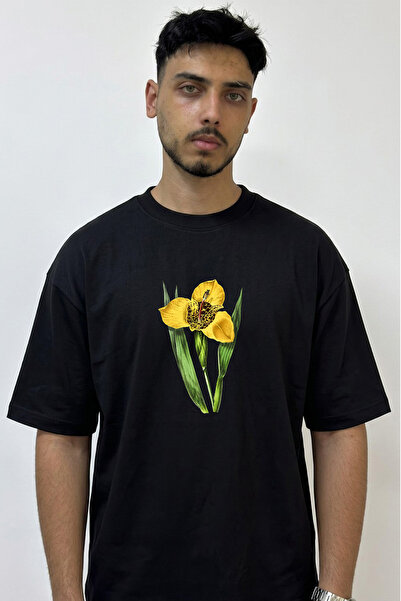 Anetos Tiger Flower Design Printed Oversize Black T-Shirt