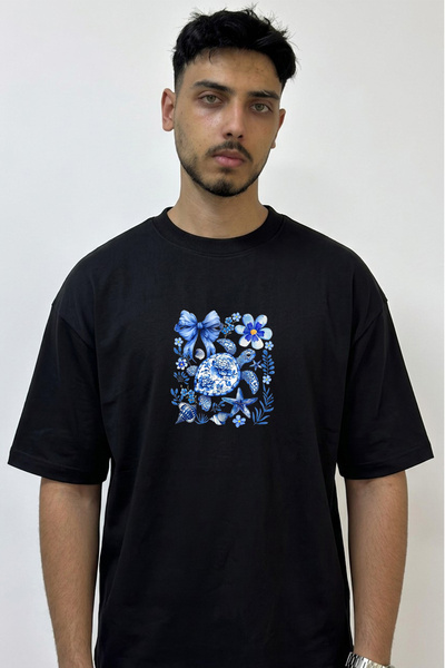 Anetos Cini Kaplumbaga Design Printed Oversize Black T-Shirt