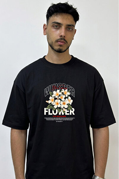 Anetos Wildflower Design Printed Oversize Black T-Shirt