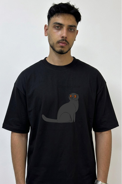Anetos Scottish Fold Design Printed Oversize Black T-Shirt