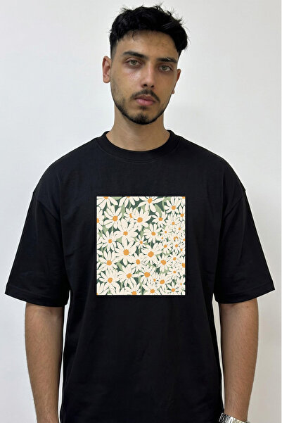 Anetos Daisy Pattern Design Printed Oversize Black T-Shirt