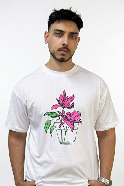 Anetos Pink Flower Illustration Design Printed Oversize White T-Shirt
