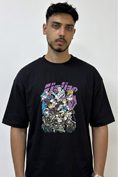 Anetos Jojo Characters Design Printed Oversize Black T-Shirt