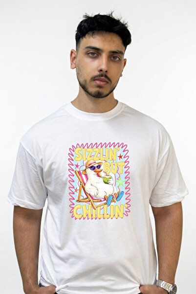 Anetos Duck Summer Chill Design Printed Oversize White T-Shirt