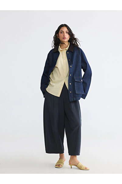 LC Waikiki Navy Blue Elastic Waist Striped Women's Trousers