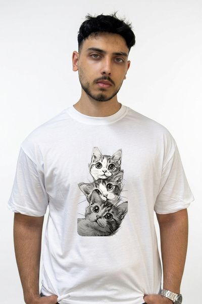 Anetos Kitten Stack Design Printed Oversize White T-Shirt