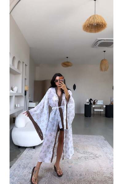 Buket Teke Kahverengi Biyeli Premium İnce Uzun Kimono