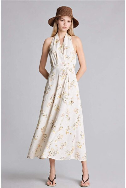 DeFacto Halter Neck Floral Sleeveless Halter Neck Midi Ecru Dress H9339Ax26Sm