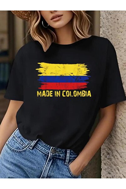 17TAKI 1pc Black Round-Neck T-Shirt Featuring The Colombian Flag, Perfect Occ...