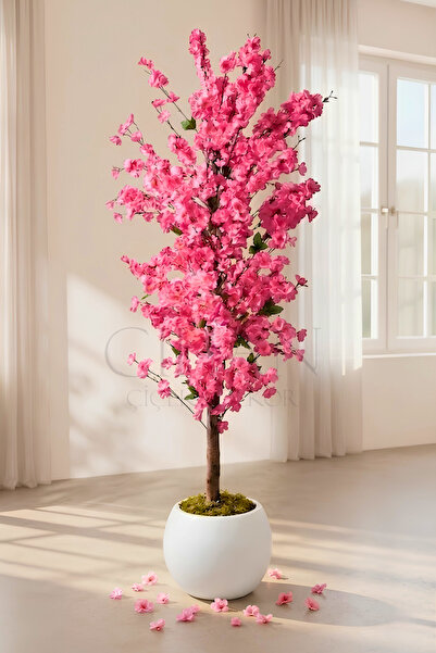 Empressco Yapay Pembe Bahar Dalı Ağacı 160 cm, Beyaz Küre Saksıda, Şık Dekora...