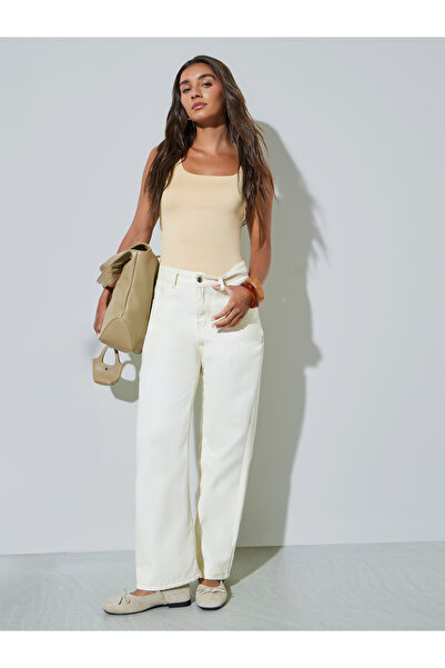 Styli Cream Wide Leg Jeans with Pocket