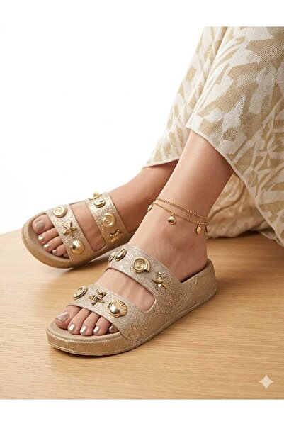 McDark Women's Eva Material Stone Detailed Slippers-Gold