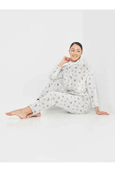 Styli Jacquard Tonal Star and Moon High Neck Fleece Long Sleeves Top and Pyja...