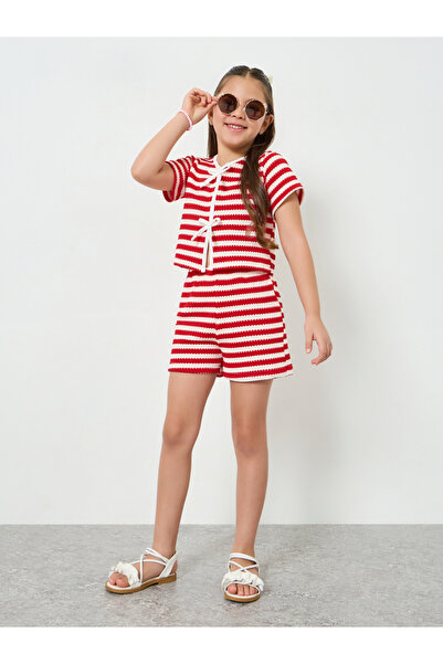 Styli Girls Red Striped Knit Top and Shorts Set