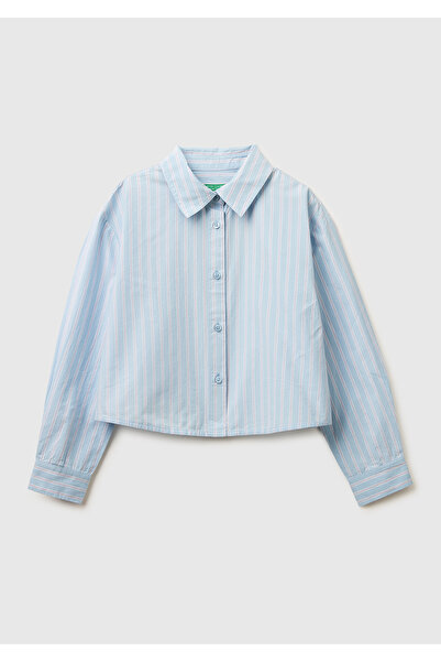 United Colors of Benetton Girl's blue striped boxy fit pointed collar shirt