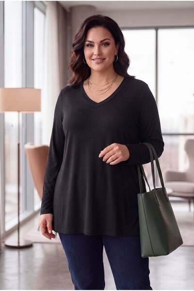 RMG Plus Size V-Neck Long Sleeve T-Shirt with Side Slits Black