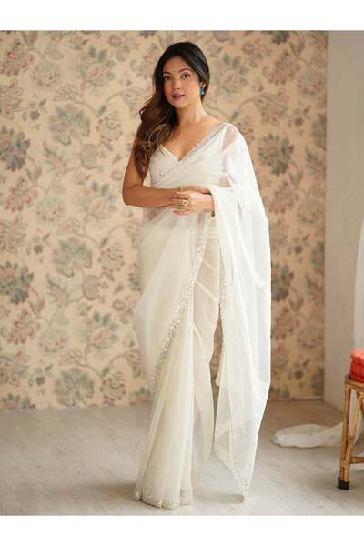 PRASHA Women's Net Off White Embellished Designer Saree With Blouse Piece
