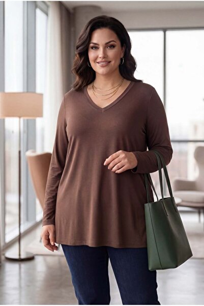 RMG Plus Size V-Neck Long Sleeve T-Shirt with Side Slits Coffee