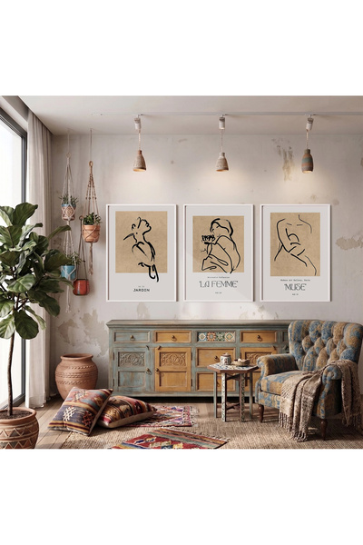 KOLAJTASARIM Set de 3 tablouri cu figuri în stil minimalist boem, înrămate al...