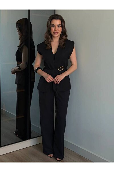 BNGL Boutique Siyah renk yelek& pallazo pantolon& gold kuşaklı takım