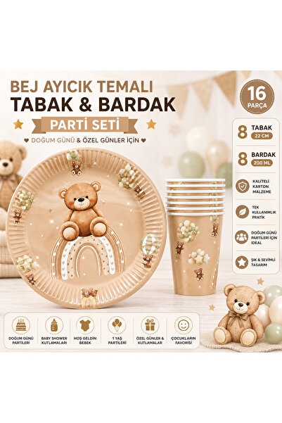 Ege Pastacılık Bej Ayıcık Temalı Karton Tabak ve Bardak Seti 16 Parça 22 cm B...
