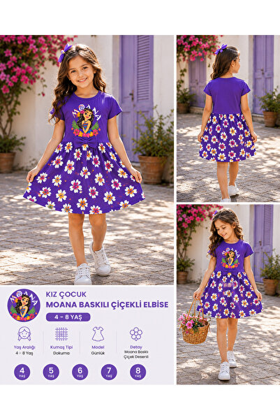 Genel Markalar Kız Çocuk Moana Baskılı Çiçek Desenli Elbise – Mor – 4-8 Yaş G...