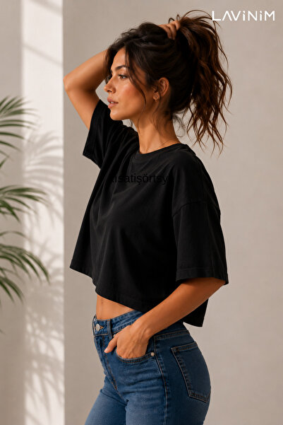 LAVİNİM Kadın Crop Boy Oversize Basic Tişört Salaş Kesim Pamuklu