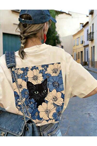 Oceanwear Cat Printed Front Back Crew Neck Unisex Beige Tshirt