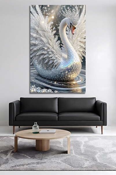 BERSED Premium Beyaz Kuğu Cam Tablo Işıltılı Kristal Efektli Modern Duvar Dekoru