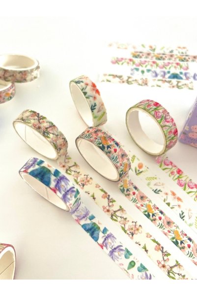 Kağıt Gemi Dükkan Spring Flower Love Bahar Çiçekleri Temalı 5'li Washi Bant Set (5*2m)/Masking Tape/Desenli Bant