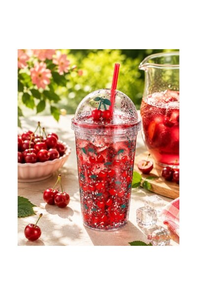 SHOPIENS Pahar cu pai, Cireșe, 475ml, Plastic roșu transparent cu capac tip d...