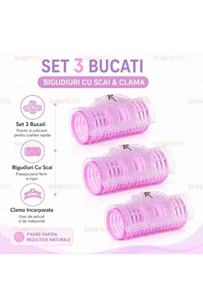 SHOPIENS Set de 3 bigudiuri mov cu velcro și clemă, 2,5x6cm, pentru bucle și ...