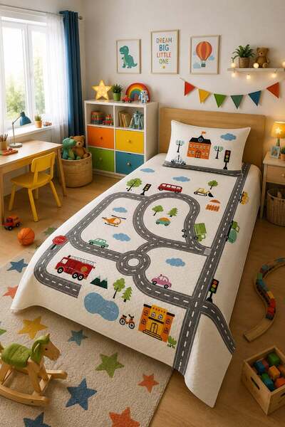 Evdek Bebek ve Çocuk Odası Road Town – Yol Tek Kişilik Pike Takımı 160X230 Cm...